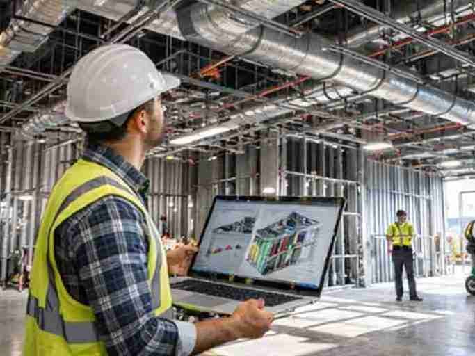 Engineer in a hard hat reviewing a BIM model on a laptop inside a building under construction